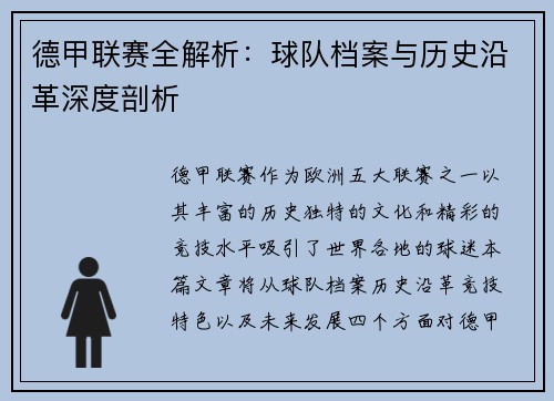德甲联赛全解析：球队档案与历史沿革深度剖析